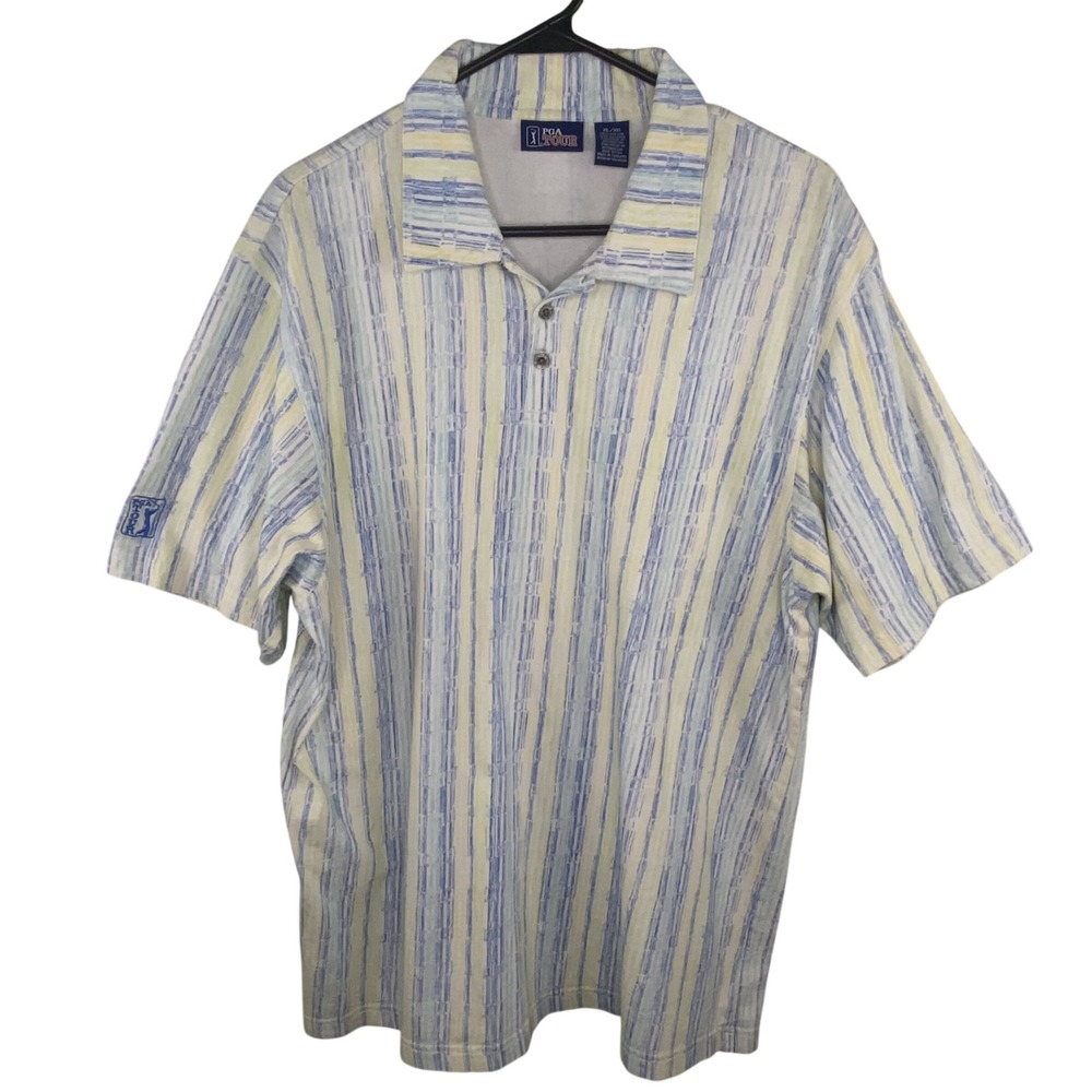 PGA‎ Tour Polo Shirt Mens XL Blue Yellow Striped Short Sleeve Cotton Golfcore